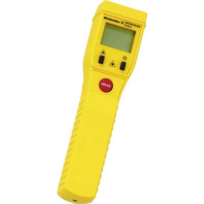 Thermomètre infrarouge jaune avec affichage numérique et plusieurs touches de fonction, dont un bouton rouge 'MEAS' pour les mesures.