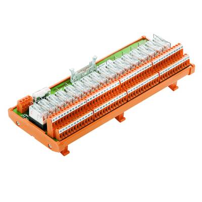 Module de relais orange avec plusieurs relais enfichables et bornes pour connexions électriques.