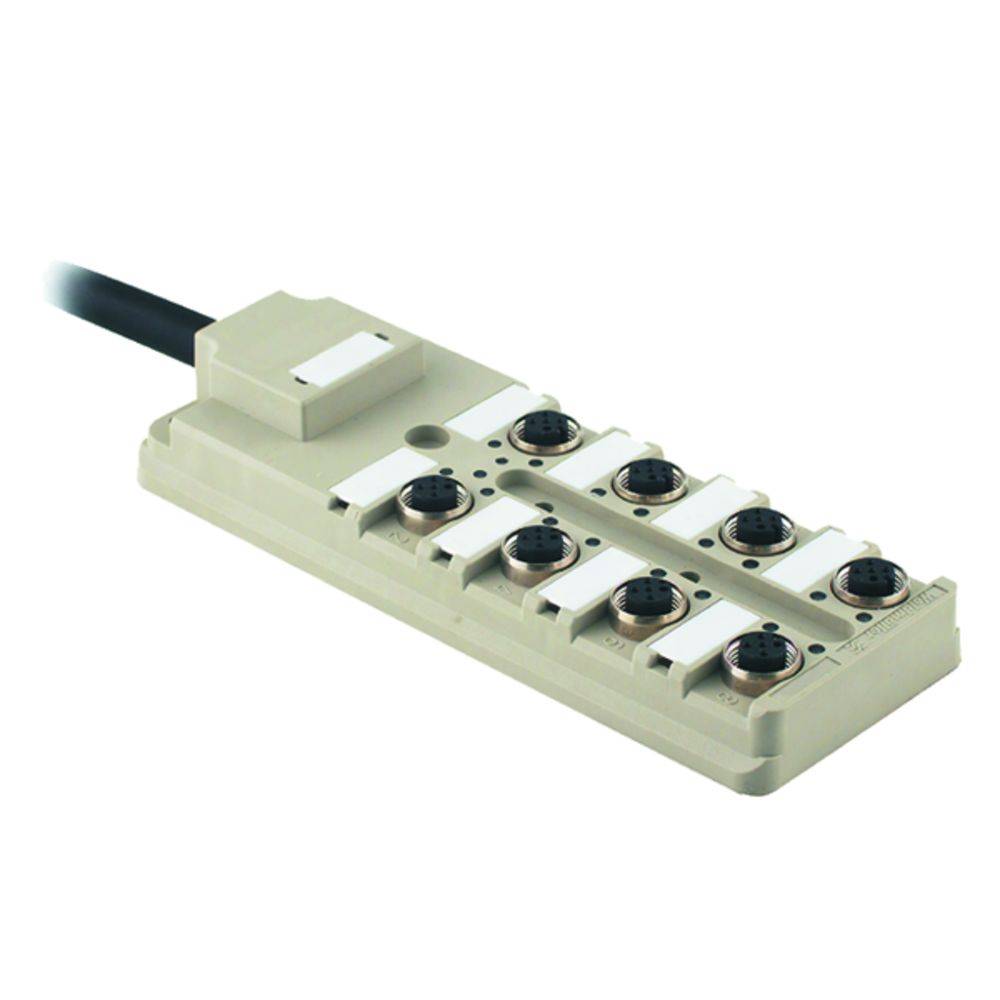 Un module de connexion électronique gris avec huit points de connexion circulaires et un câble fixé sur le côté.