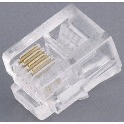 Un connecteur RJ45 transparent, typiquement utilisé pour raccorder des câbles réseau. Il dispose de contacts dorés pour la transmission de données.