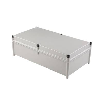 Boîtier rectangulaire en plastique gris aux angles arrondis, avec des vis noires aux coins. Adapté pour les composants électroniques.