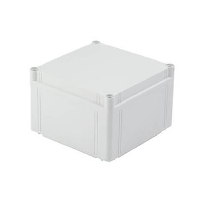 Boîte en plastique blanc, carrée, avec des coins arrondis et un couvercle amovible. Adaptée pour protéger des composants électroniques.