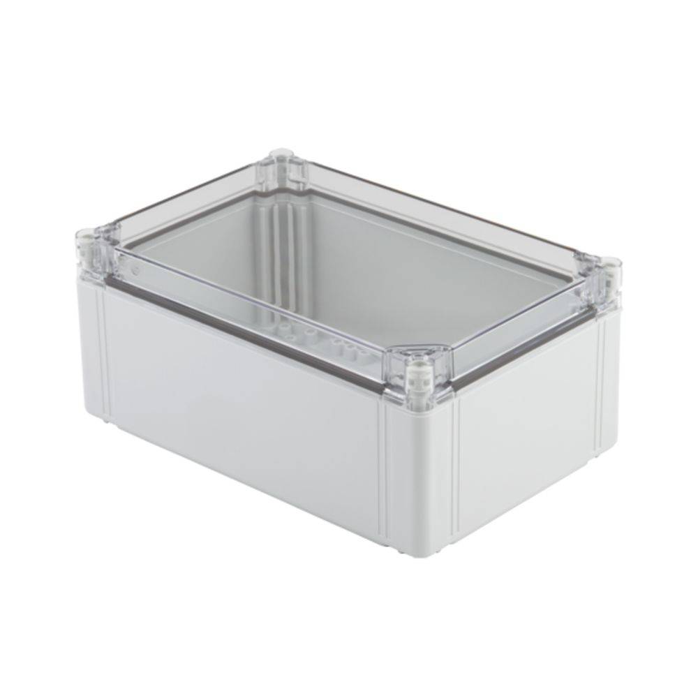 Un boîtier rectangulaire transparent avec un couvercle amovible, adapté aux appareils électroniques ou aux câblages intérieurs.