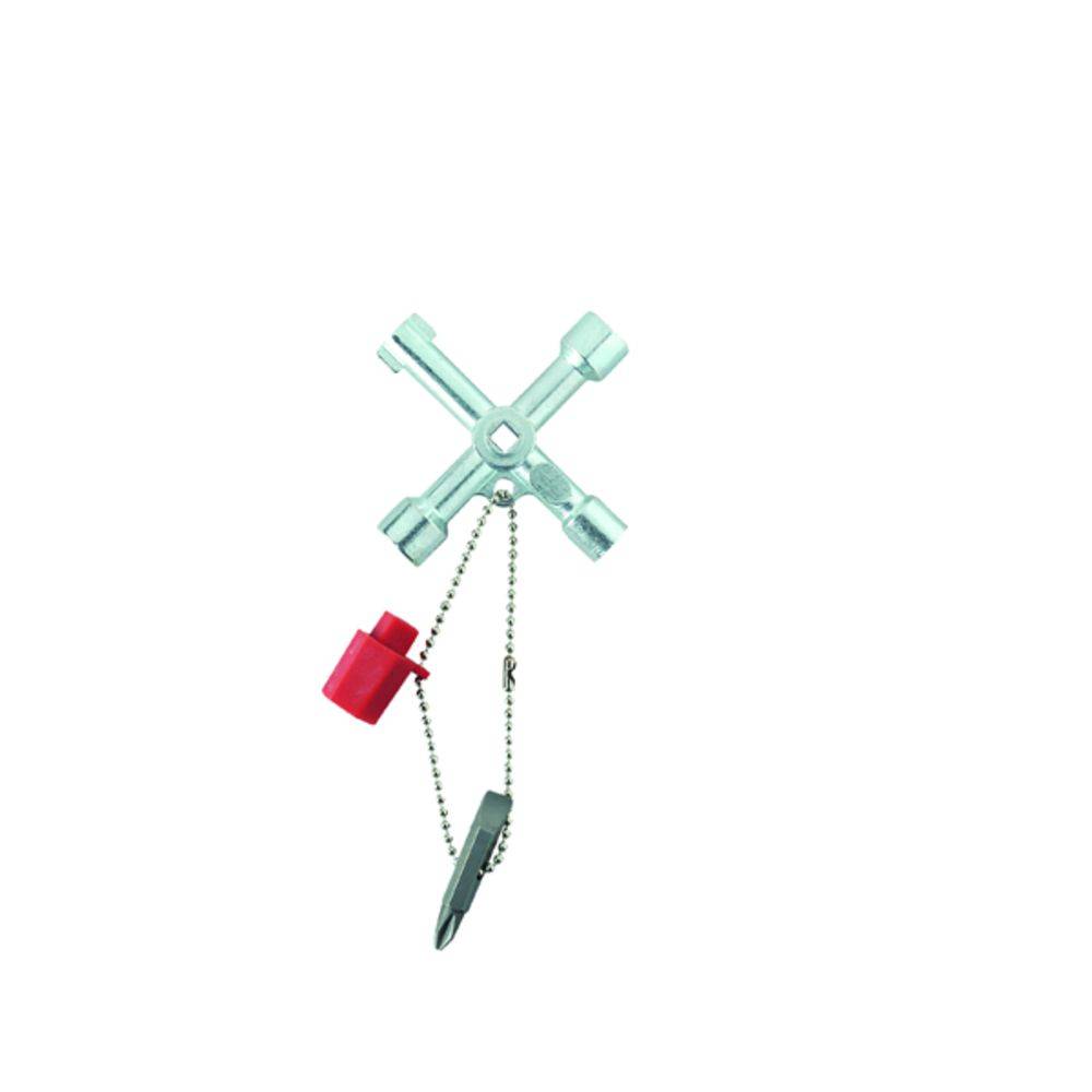 Une clé hexagonale en argent avec un embout rouge et gris, suspendue à une chaîne, sur un fond blanc.