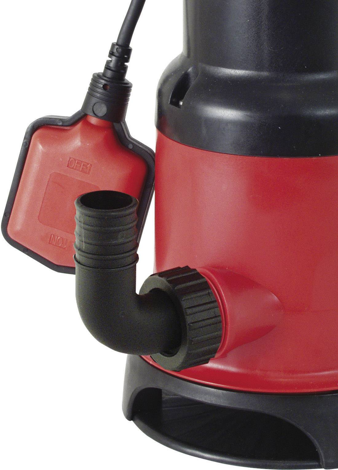 Une pompe de vidange rouge avec un tuyau de sortie noir et un câble électrique, adaptée pour pomper l'eau dans les caves.