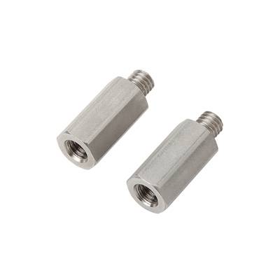 Deux entretoises hexagonales en métal filetées, utilisées pour des assemblages à vis dans des applications mécaniques ou électroniques.