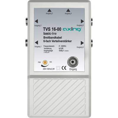 Amplificateur large bande Axing, modèle TVS 16-00, avec 6 sorties, plage de fréquences de 47 à 862 MHz.