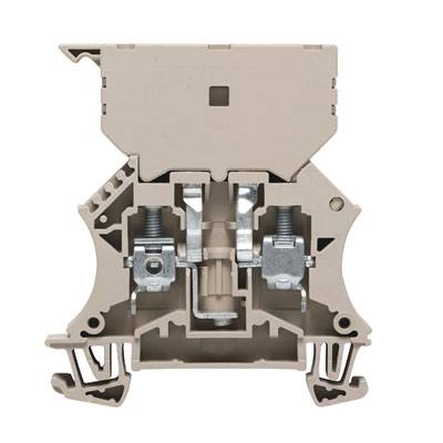 Un bloc de jonction beige-gris pour installations électriques, montrant des connexions et des mécanismes détaillés en vue de dessus.