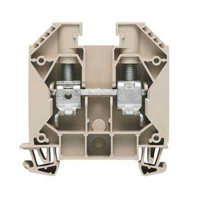 Boîtier de connexion rectangulaire gris avec deux bornes métalliques au centre, adapté aux installations électriques.