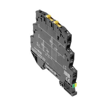 Module de relais électrique noir étroit avec des leviers jaunes et un point vert. Description et schéma de câblage sont imprimés.