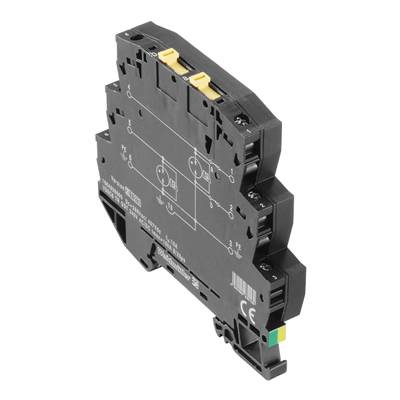 Composant électronique noir rectangulaire avec des connecteurs jaunes et verts, potentiellement partie intégrante d'un armoire électrique.