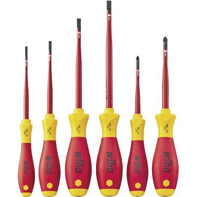 Six tournevis VDE à poignées rouges et garnitures jaunes, adaptés aux travaux électriques. Différentes tailles, embouts à fente et cruciformes.