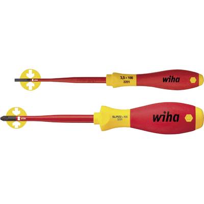 Deux tournevis de 'Wiha' : en haut un tournevis à fente, en bas un tournevis à fente avec manche isolé pour les travaux électriques.