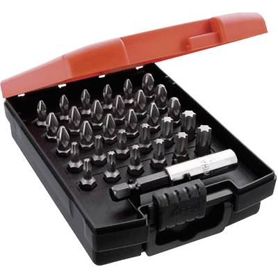 Une boîte à outils ouverte contenant différents embouts de tournevis et un porte-embout magnétique, adapté aux travaux de bricolage.
