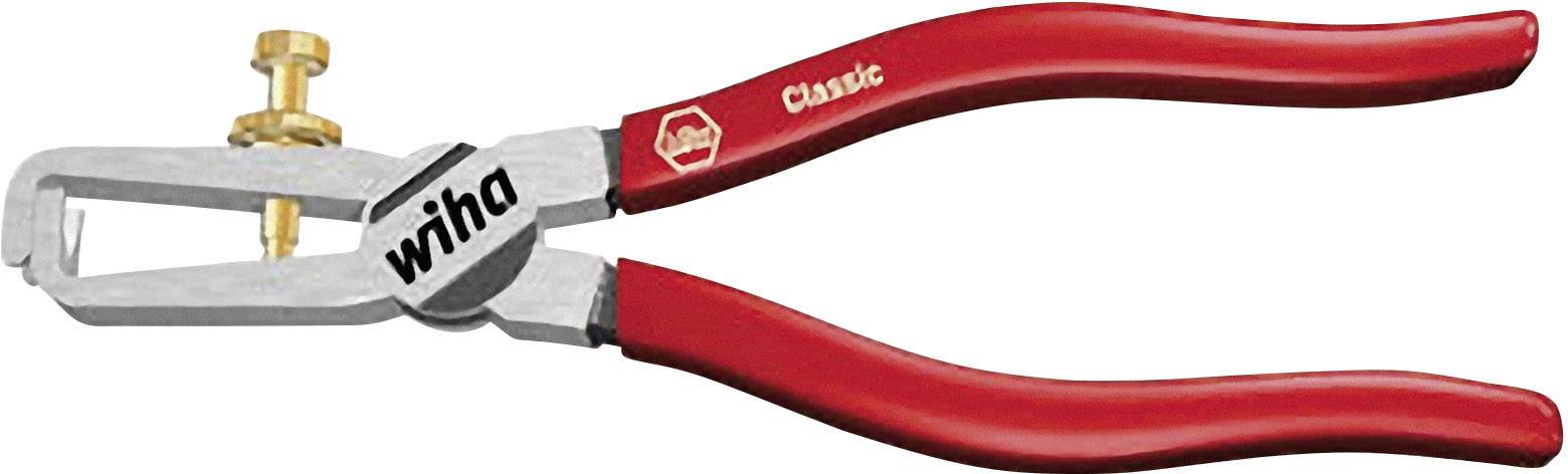 Une pince à dénuder avec des poignées rouges portant l'inscription 'wiha Classic', adaptée pour retirer l'isolation des câbles.