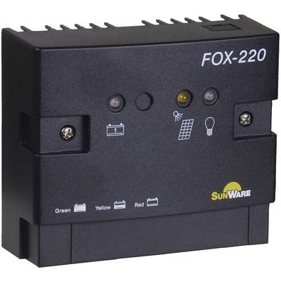 Contrôleur de charge solaire noir FOX-220 avec trois voyants LED, symboles pour batterie, panneau solaire, lampe et logo de marque 'SunWare'.