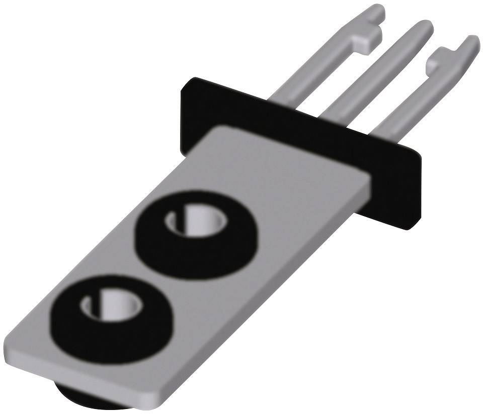 Composant électrique avec trois broches d'un côté et deux enfoncements circulaires de l'autre côté.