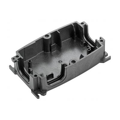 Support de boîtier en plastique noir de forme rectangulaire avec des coins arrondis, ouvert en haut, adapté aux composants électroniques.
