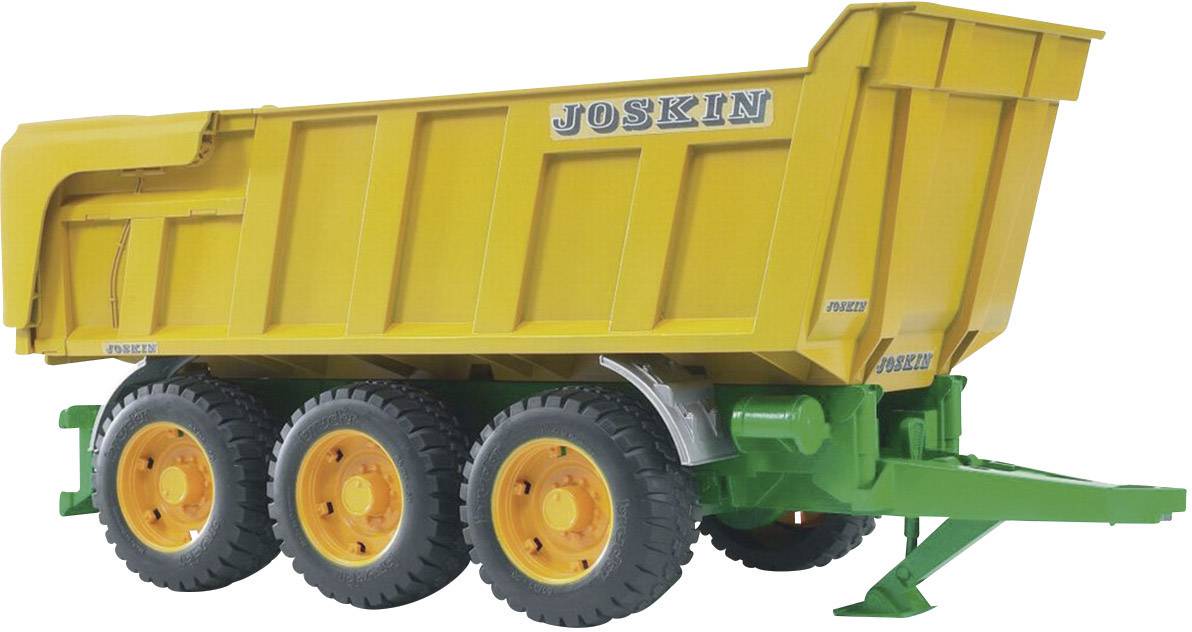 Remorque jaune portant l'inscription 'JOSKIN', trois essieux, avec un pied de support vert ; modèle destiné à des usages agricoles.