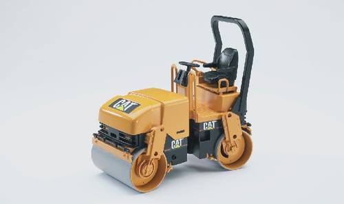 Un modèle d'un compacteur de construction en jaune avec un siège et un volant noirs, sur fond blanc.