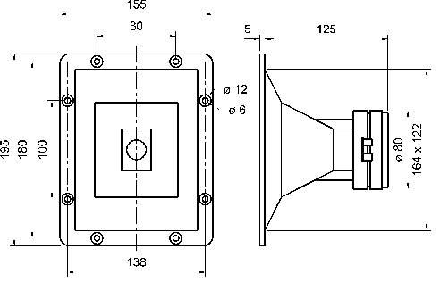Dessin d'un haut-parleur rectangulaire avec des dimensions latérales et frontales, vue en angle. Dimensions indiquées en millimètres.