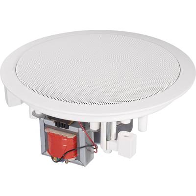 Un haut-parleur de plafond circulaire avec des câbles internes visibles et un transformateur rouge en bas.