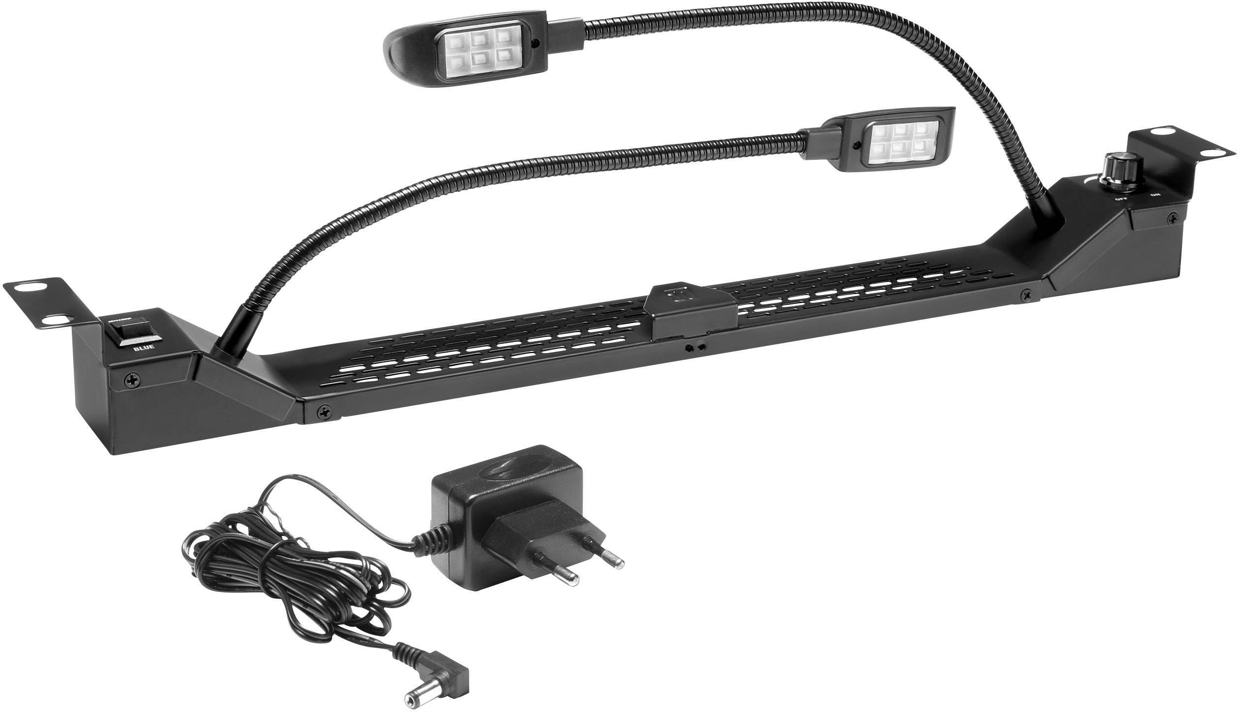 Lampe LED avec deux bras flexibles, adaptée pour l'éclairage des partitions sur un pupitre à musique. Comprend un câble d'alimentation.