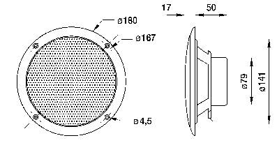 Dessin technique d'un haut-parleur rond avec dimensions : diamètre 180 mm, profondeur 50 mm. Trous de vis de 4,5 mm.