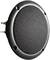 Grille d'enceinte ronde noire avec surface perforée, vue de côté.
