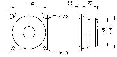 Dessin technique d'un composant carré avec quatre trous de vis et un profil latéral. Dimensions : diamètre de 62,8 mm, profondeur de 22 mm.