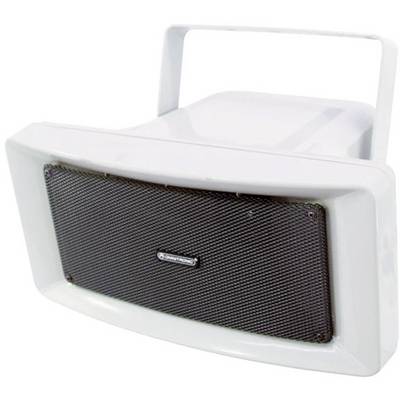 Haut-parleur extérieur blanc avec grille noire et poignée de transport, adapté pour une utilisation dans des espaces ouverts ou de grands environnements extérieurs.