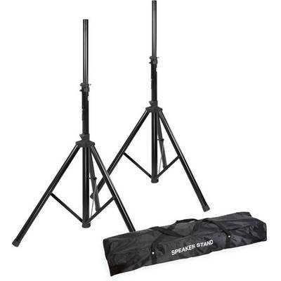 Deux supports d'enceintes noirs installés à côté d'un sac noir portant l'inscription 'Speaker Stand'.