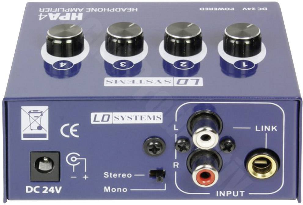 'LD Systems HPA4 amplificateur de casque, bleu avec 4 contrôles de volume, commutateur stéréo/mono, prises d'entrée et de liaison.'