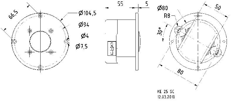 Dessin technique d'un composant cylindrique avec des dimensions en millimètres. Présente les vues de face, de côté et de dessus, avec des diamètres et des distances marqués.