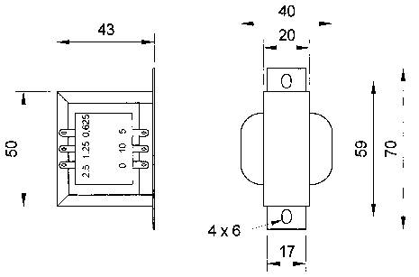 Dessin technique d'un composant électrique, indiquant les dimensions et les positions des connexions et des points de fixation, dimensions en millimètres.