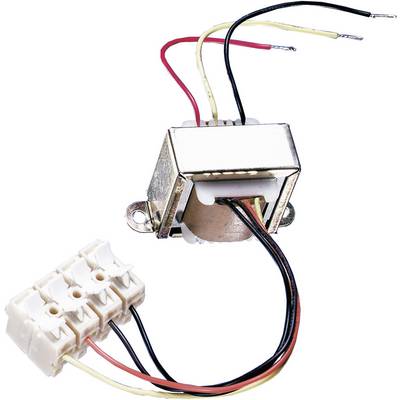 Un transformateur électrique avec plusieurs fils colorés et un bloc de connexion blanc. Utilisé pour convertir la tension.