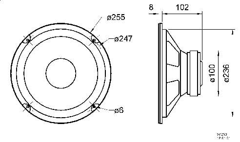 Dessin technique d'un haut-parleur. À gauche : vue de face avec dimensions ; à droite : vue latérale. Diamètre et profondeur sont indiqués.