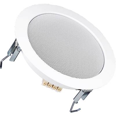 Un haut-parleur encastrable rond, blanc, avec une grille métallique et des clips à ressort pour la fixation au plafond.