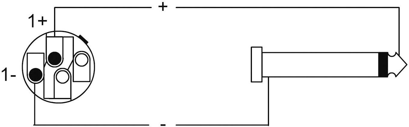 Le diagramme montre le câblage d'une fiche avec des bornes positives et négatives. Il y a trois contacts dont la polarité est marquée.