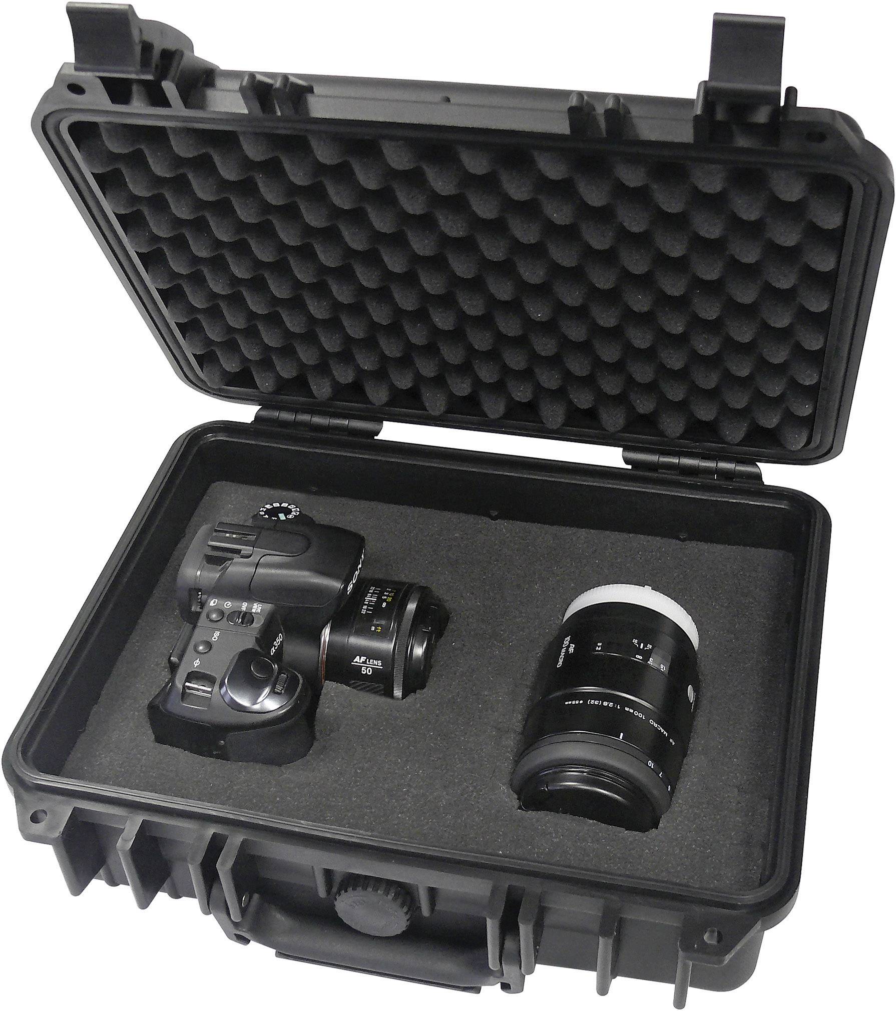 Une boîte de rangement ouverte avec un intérieur en mousse contient un appareil photo et un objectif zoom supplémentaire.