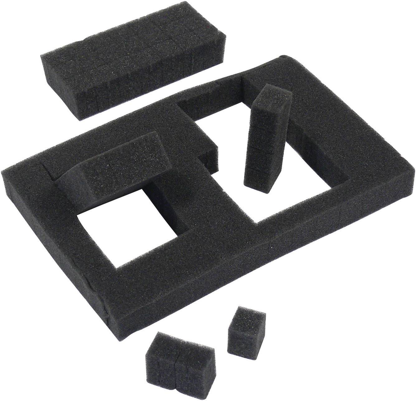 Inserts en mousse noire avec des découpes rectangulaires et carrées, adaptés au rangement ou à la protection d'objets.