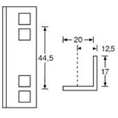 Dessin technique d'un équerre métallique en forme de L. Les dimensions sont 20 mm de largeur, 12,5 mm de hauteur et 17 mm de longueur de branche.