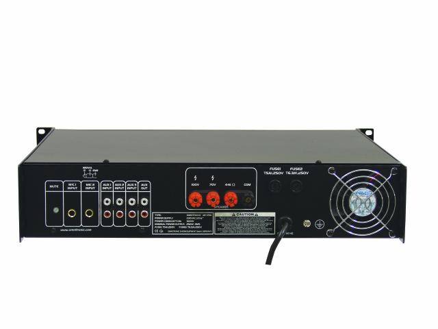 Vue arrière d'un amplificateur audio avec différentes possibilités de connexion, ventilateur et câble d'alimentation.