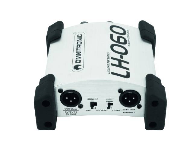 Convertisseur audio argenté portant l'inscription 'LH-060' et 'Omnitronic'. Deux connecteurs XLR et un commutateur de mode sur la façade avant.