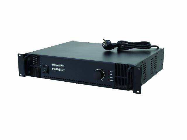 Unité d'amplification audio noire PAP-650 avec contrôle de volume et fentes de ventilation, adaptée au montage en rack.