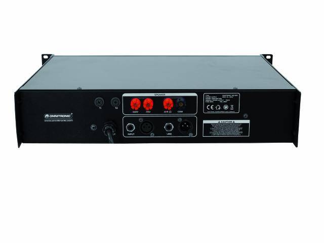 Arrière d'un appareil audio électronique présentant différentes options de connexion, notamment des ports pour enceintes, des connexions RCA et des branchements pour câble d'alimentation.