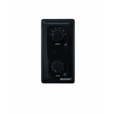 Régulateur noir avec deux boutons rotatifs : en haut 'Programme' (1-5), en bas 'Volume' (0-9), pour contrôler le volume sonore et la sélection du programme.