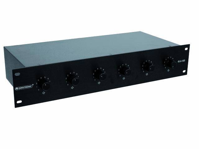 Mixeur audio noir avec six potentiomètres rotatifs sur la façade pour le contrôle du volume. Appareil au format rack, adapté aux environnements audio professionnels.