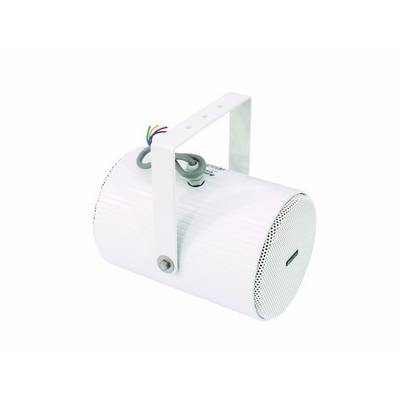 Un haut-parleur blanc, cylindrique, avec une poignée de transport et des câbles apparents, adapté pour une installation au plafond à l'intérieur.