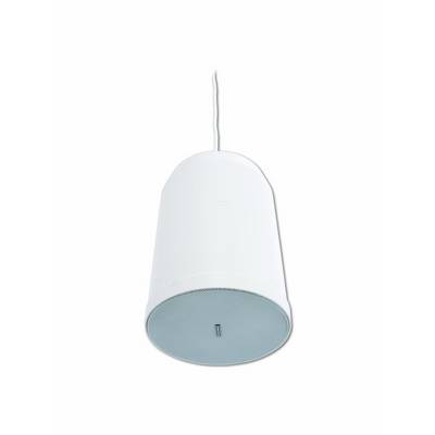 Un haut-parleur blanc cylindrique est suspendu au plafond, avec un câble visible.
